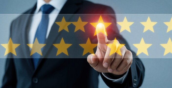 Man in suit touches screen, rating services with five stars. Customer satisfaction and business performance assessed. Online review and feedback system.