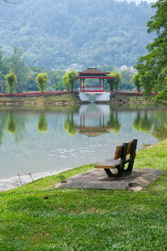 Empty Bench Overlooking Taiping Lake Gardens in Perak Malaysia