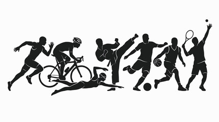 Obraz premium Group of athletes performing various sports activities including running cycling martial arts soccer basketball and tennis