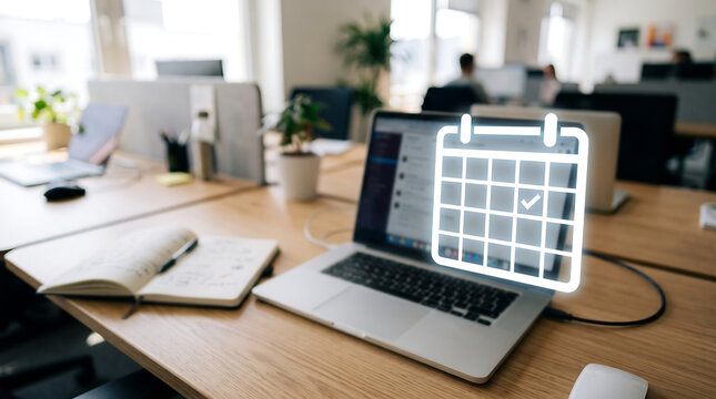 Calendar Icon Floating Above Laptop on Modern Office Desk Schedule and Planning Concept
