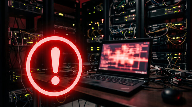 Glowing Red Error Icon Floating Above Server Room Workstation
