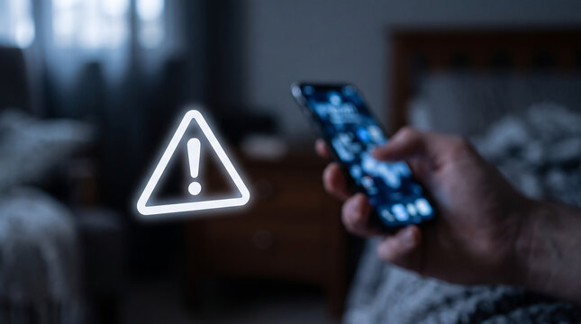 Hand Holding Smartphone with Glowing Warning Alert Icon
