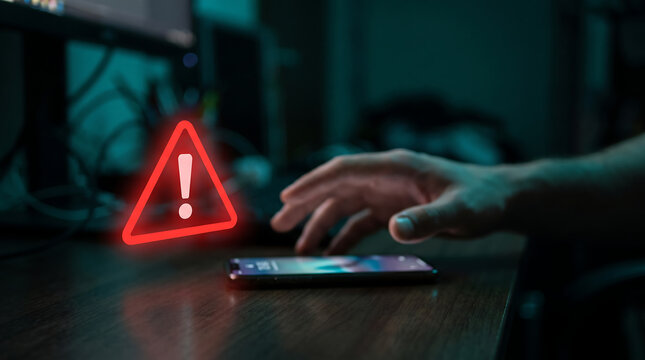 Hand Reaching Toward Smartphone with Glowing Red Warning Alert Icon
