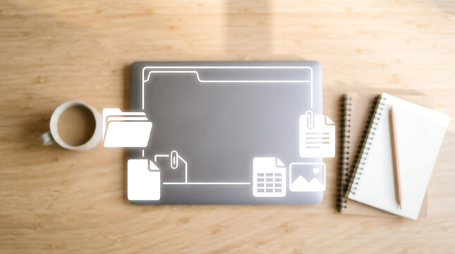 Laptop on Wooden Desk with Floating File and Document Icons

