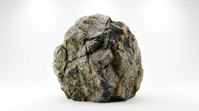 Single rough textured granite boulder isolated on a clean white background