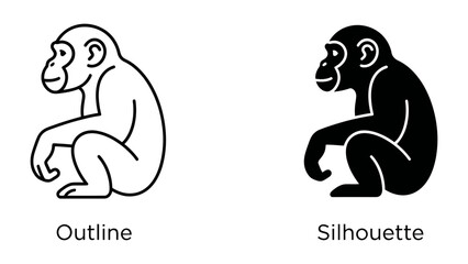 Fototapeta premium Chimpanzee Icon Outline and Silhouette: Two clear icons depicting a chimpanzee in a seated position, one as a simple outline and the other as a solid silhouette.