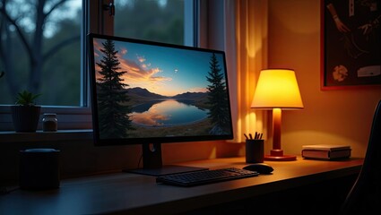 Fototapeta premium Relaxing home office atmosphere computer screen lamp and tranquil scene