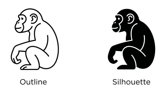 Chimpanzee Icon Outline and Silhouette: Two clear icons depicting a chimpanzee in a seated position, one as a simple outline and the other as a solid silhouette.