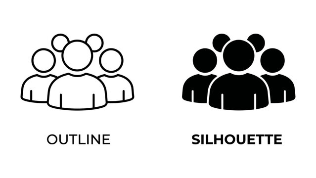 Group Icon: A set of stylized figures representing a group or team, presented in both outline and silhouette formats.