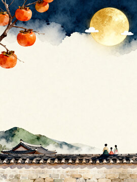 Traditional Chuseok watercolor background with full moon, persimmon tree and hanbok figures