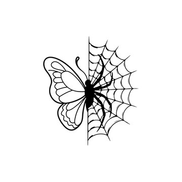 Minimalist surreal butterfly and spider with cobweb dual concept logo vector illustration for tattoo and t-shirt print