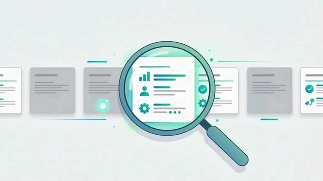 Magnifying glasses scanning digital business documents and data