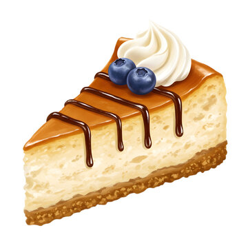 Delicious slice of caramel cheesecake topped with a single blueberry