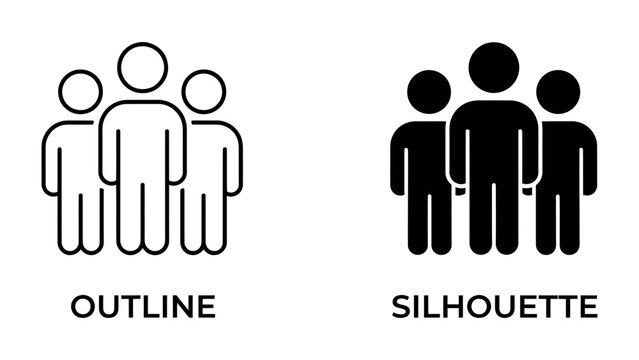 Group Icons: A minimalist representation of a group of people shown in both outline and silhouette forms, conveying concepts of community and unity.