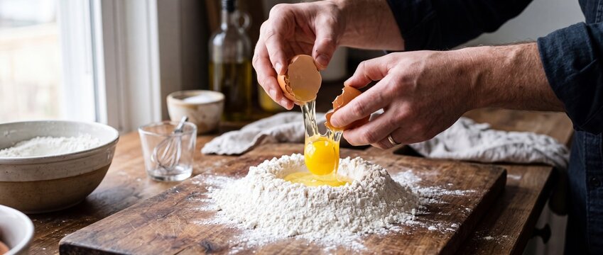 Chef hands crack fresh organic egg into well of white flour on rustic wooden board for homemade pasta preparation in kitchen setting