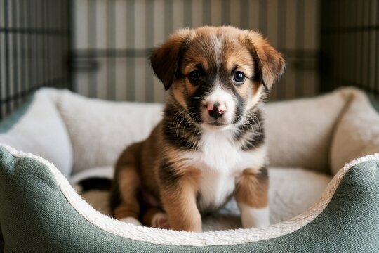 Cute fluffy puppy sits in its soft bed inside a pet crate. The small dog looks ahead with large dark eyes and a pink speckled nose, appearing a bit sad and lonely.