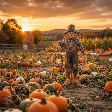 Autumn pumpkin patch with a scarecrow glowing in the golden sunset light