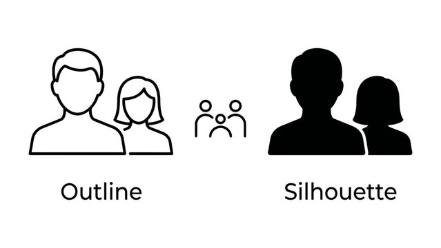 User Icon Representation: A pair of stylized user icons, presented in both outline and solid silhouette formats, illustrating human figures in a simple, graphic style.