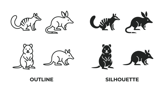 Australian Marsupial Icons: Set of outline and silhouette icons featuring the iconic bilby and numbat, representing native Australian wildlife.