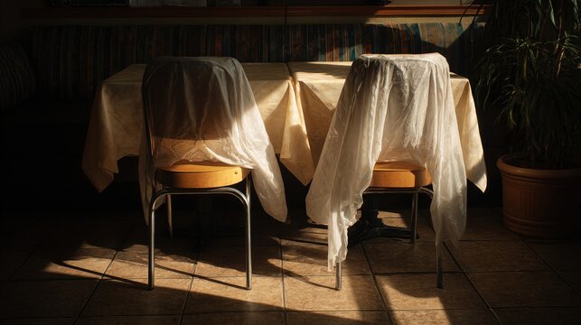 strewn. Two overturned chairs in a quiet restaurant, tablecloth on the floor, natural light. lifestyle magazines, social media lookbooks, designed for influencer and brand collaborations.