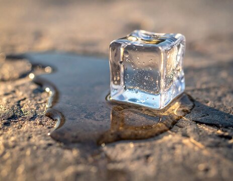 Clear ice cube slowly melting on a natural stone surface for stress relief and relaxation concepts