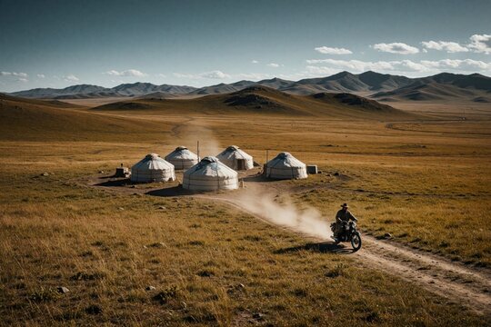 Mongolian nomad rides motorcycle past traditional yurt camp in vast steppe landscape. White ger tents stand under blue sky near rolling mountains. Man travels on dirt road through grassy plains in