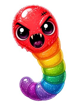 A dynamic digital illustration of a cartoon gummy worm featuring a fierce, expressive monster face. The worm is rainbow-colored, segmented into red, orange, yellow, green, blue, and purple. 