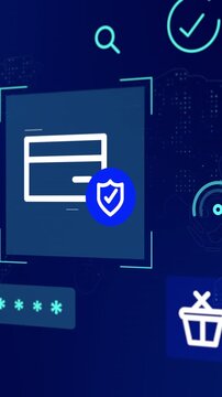 Futuristic vertical blue dashboard displaying secure credit card checkout protocols and global finance data.