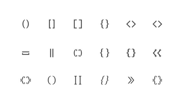 Minimalist vector graphic set featuring various programming brackets and logical symbols in gray clean lines