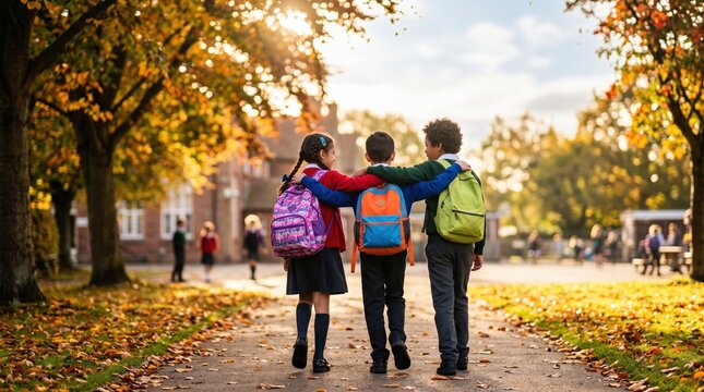 Three schoolchildren with backpacks walk arm in arm on a tree-lined path covered with autumn leaves near a school building at sunset; no visible text