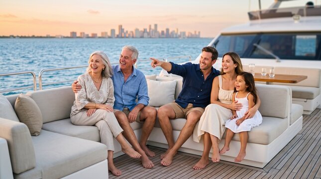Multi generation family relaxing barefoot on luxury yacht deck at sunset, smiling and pointing toward distant skyline across calm sea, enjoying vacation together