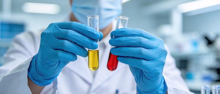 Lab researcher holding test‑tubes with red and yellow liquid, chemical sample comparison, biomedical assay experiment presentation graphic