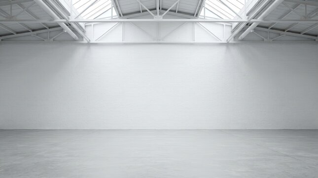 Empty Modern Warehouse Industrial Interior with White Brick Wall