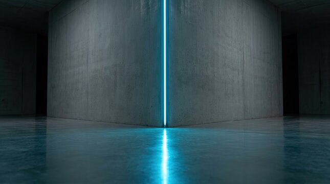 Minimalist interior with blue neon light on concrete wall corner