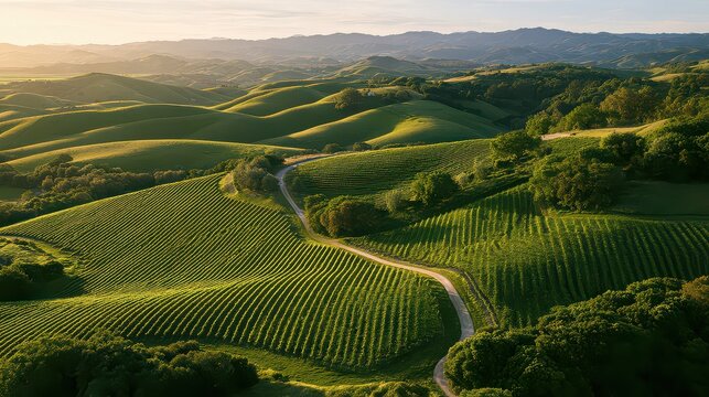 Aerial view of lush green vineyards on rolling hills at sunset in a rural landscape