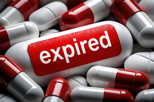 Pile of expired pills capsules white red label. Medical drugs past date symbol. Health risk warning safe disposal need. Take care medicine usage.