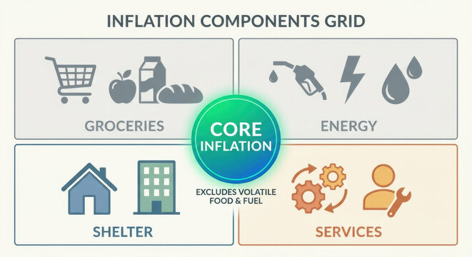 Components grid: groceries, shelter, services, energy; core inflation excludes food and energy.