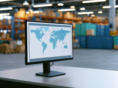 Monitor on a logistics desk showing a blank shipment tracking map with a clean warehouse background