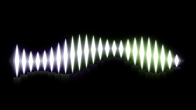 A looping audio waveform visualization with glowing white and green peaks on a black background.