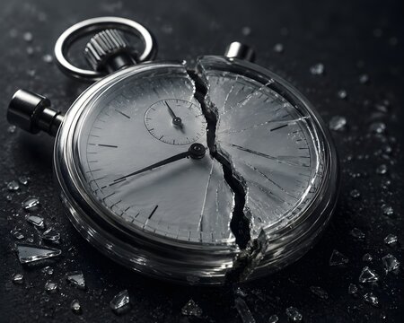 Cracked Stopwatch on Dark Surface Symbolizing Irreversible Deadline Pressure Broken Time and Critical Finality Concept