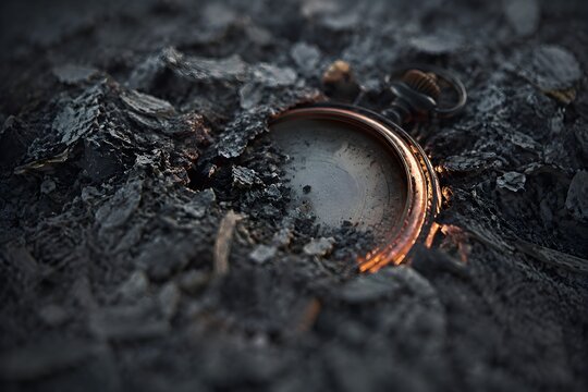 Pocket Watch Buried Beneath Ash Symbolizing Lost Time Aftermath Memory Finality and Fading Moments Concept