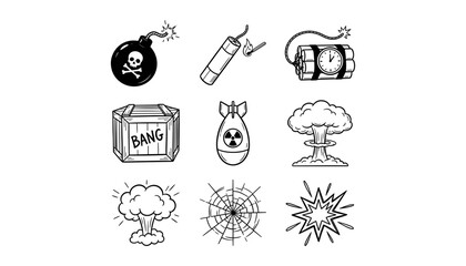 Hand drawn vector icon collection featuring explosives cannonball bombs dynamite time devices nuclear weapons and mushroom cloud blasts © MSTRAZINA