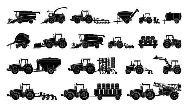 Collection of agricultural machinery silhouettes including farm tractors combine harvesters hay balers seeders trailers and crop field sprayers