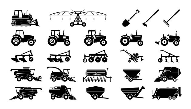 Comprehensive black icon set of agricultural tools tractors plows combine harvesters pivot irrigation systems and manual gardening equipment