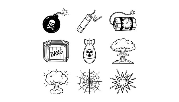Hand drawn vector icon collection featuring explosives cannonball bombs dynamite time devices nuclear weapons and mushroom cloud blasts