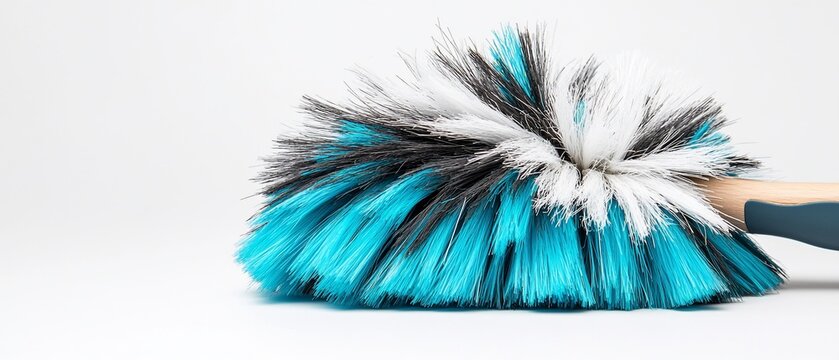 Duster Multicolored duster with blue, white, and black bristles on a white background