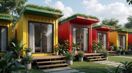 Obraz premium Row of colorful shipping container homes with green grass roofs. Modern tiny houses feature wooden decks, sliding glass doors. Vibrant yellow, red modular cabins sit in garden with tropical plants,
