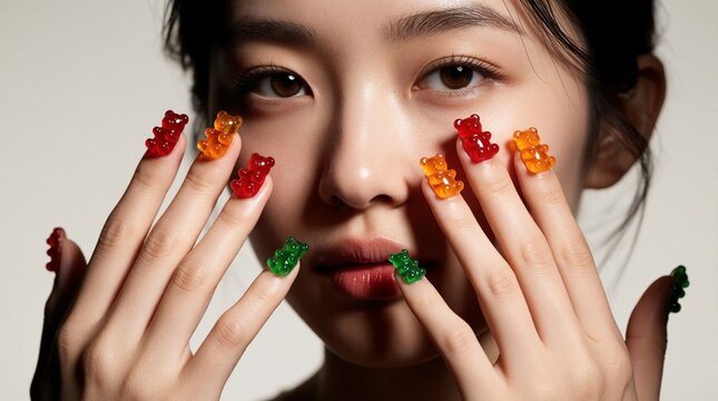 Close up portrait of young woman with colorful gummy bear nail art. Translucent jelly candy nails in red orange, green colors. Creative manicure design on fingers. Playful beauty concept with candy