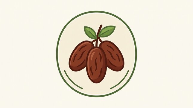 Cute stylized vector illustration of three brown dates with green leaves, arranged inside a circular badge on a clean cream background.