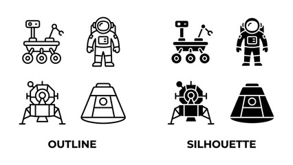 Space Exploration Icons: A set of clean and modern icons representing space exploration, including an astronaut, a rover, and a lunar lander, presented in both outline and silhouette styles. © md